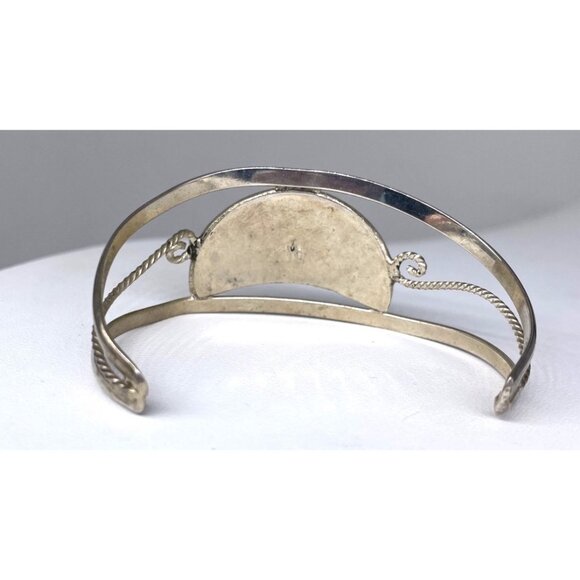 Vintage Alpaca Mexico Silver Tone Cuff Bracelet Mother Of Pearl Inlay Floral Des - Picture 3 of 8